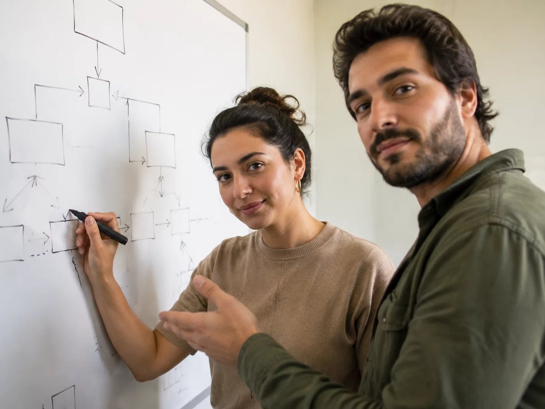 Dois alunos em pé diante do quadro branco, desenhando a ordem de um argumento